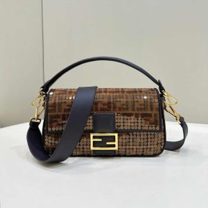 Fendi Baguette Bag 8BR600 Brown FF jacquard fabric bag with sequins