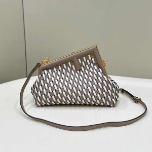 Fendi First Small 8BP129 Dove Gray and White Interlaced Leather Bag