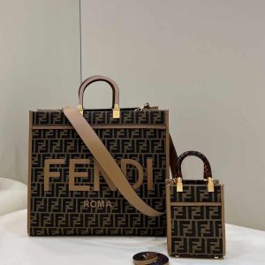 Fendi Sunshine Large Bag 8BH372 Brown FF jacquard fabric shopper